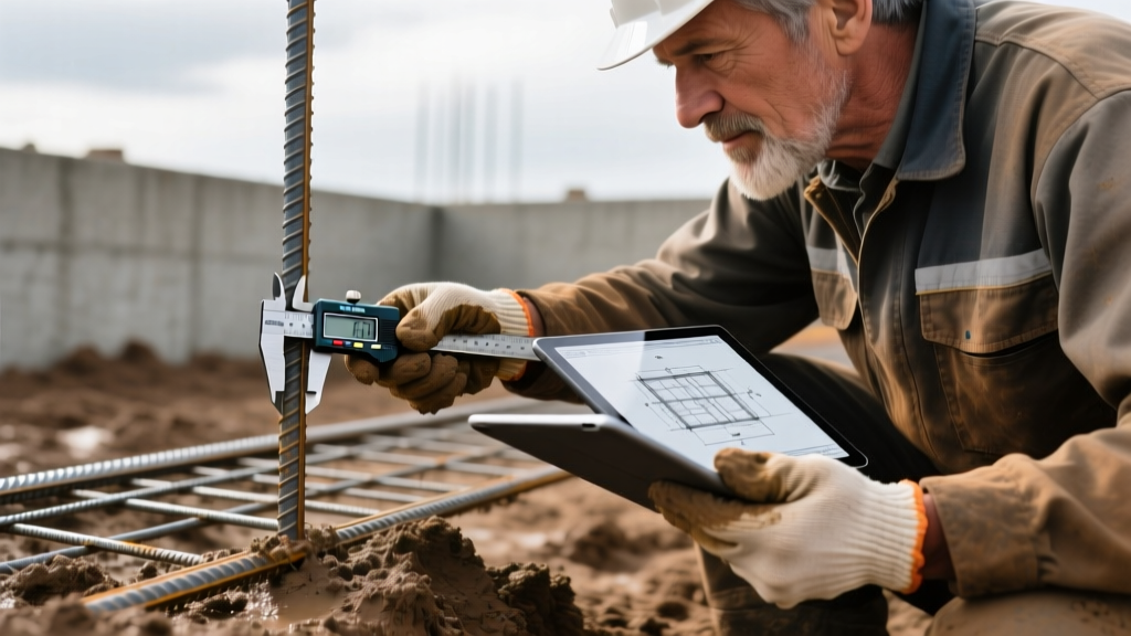 Close-up of a structural engineer using a caliper to measure rebar rib height on a muddy foundation site while holding a digital tablet