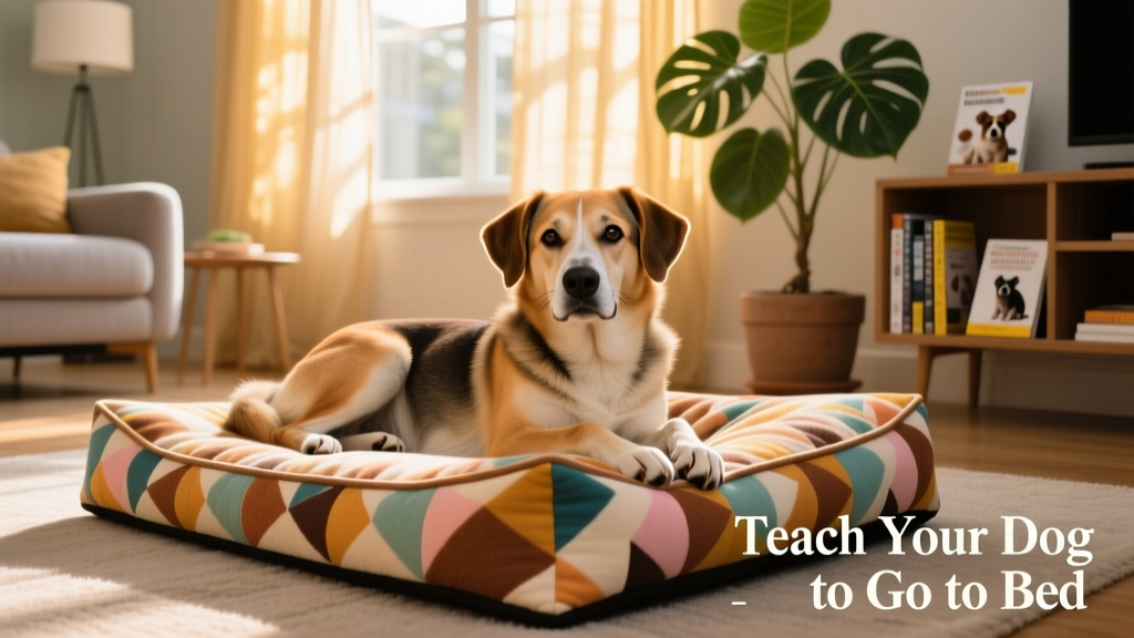 A calm dog lying comfortably on a colorful dog bed in a living room