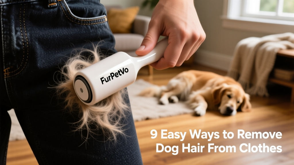 Hand using a FurPetVo lint roller on a pair of dark jeans covered in light-colored dog hair