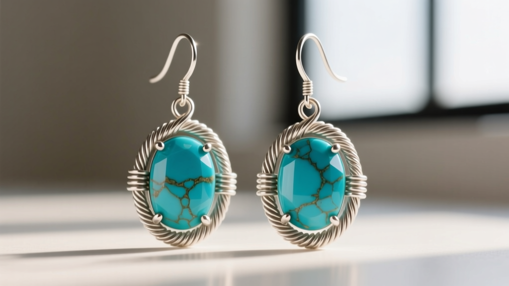 Close-up of artisan wire and bead earrings featuring turquoise gemstones wrapped in 20-gauge tarnish-resistant Argentium silver