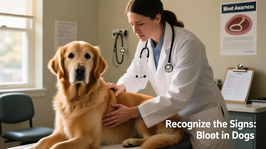 Veterinarian gently palpating a dog's abdomen during a physical exam for suspected bloat