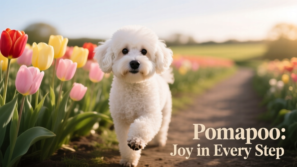 Pomapoo standing in front of tulips