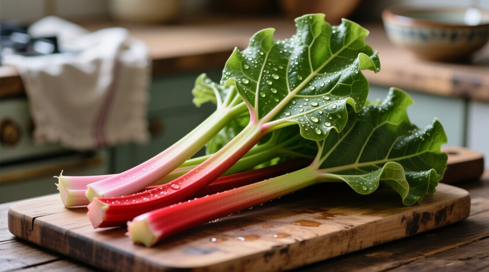 Fresh rhubarb stalks with leaves