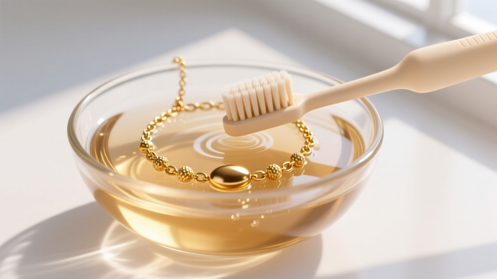 A soft-bristled baby toothbrush gently scrubbing a 14k gold bean necklace submerged in a small glass bowl of soapy warm water.