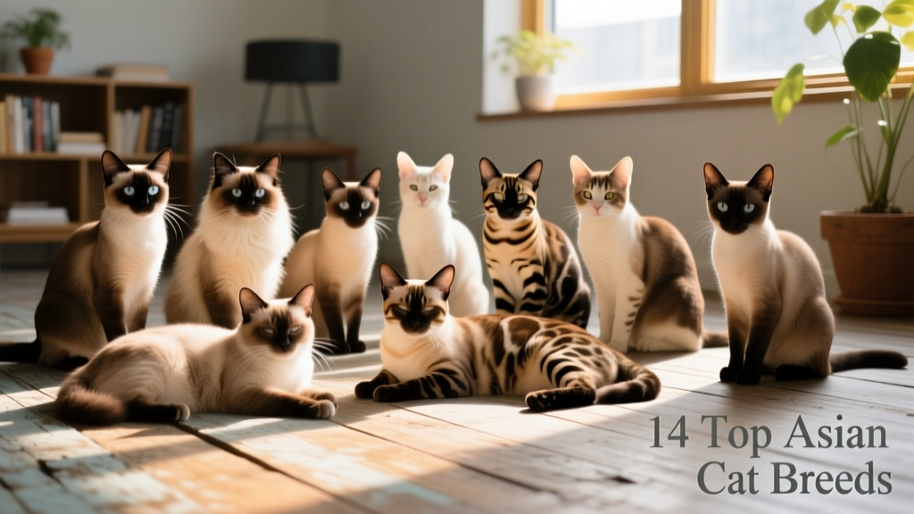 A group of diverse Asian cat breeds sitting together on a sunlit wooden floor