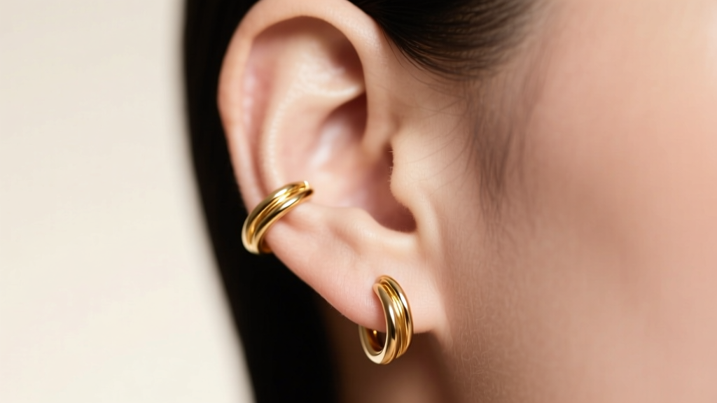 Close-up of an ear wearing a gold helix wrap earring, showing how it hugs the outer cartilage rim in soft studio lighting.