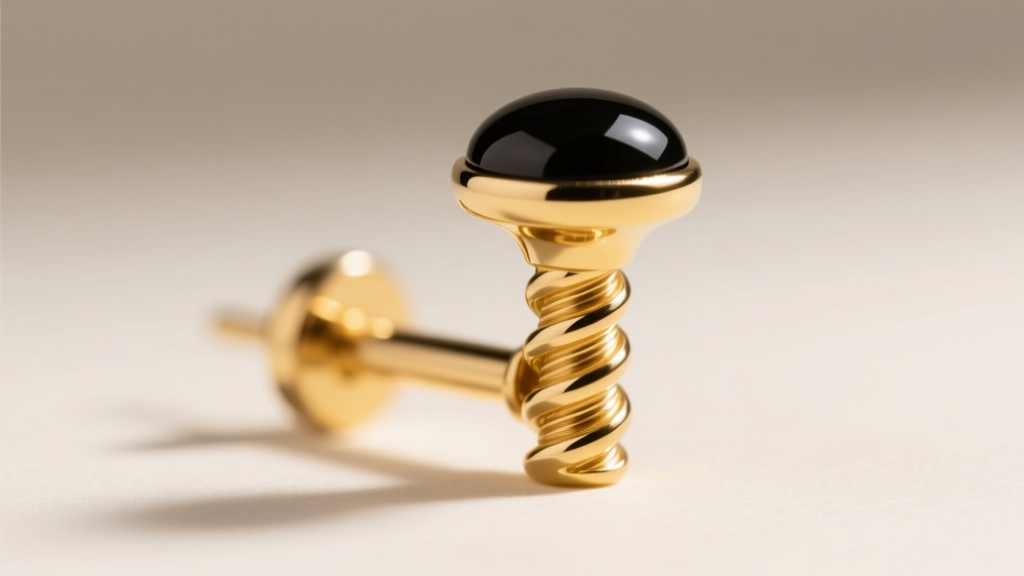Macro view of a 14k yellow gold mens earring post, displaying the precision machined threads and a dark polished onyx stone top.