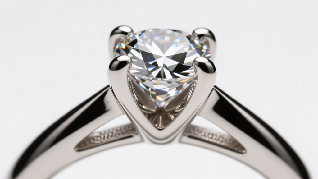 Macro view of a four-prong platinum basket setting holding a brilliant diamond, showing thick prongs and secure gallery wire base