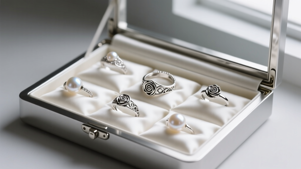 Interior of a silver rose jewelry box lined with anti-tarnish cloth, holding neatly arranged 925 sterling silver rings and pearls