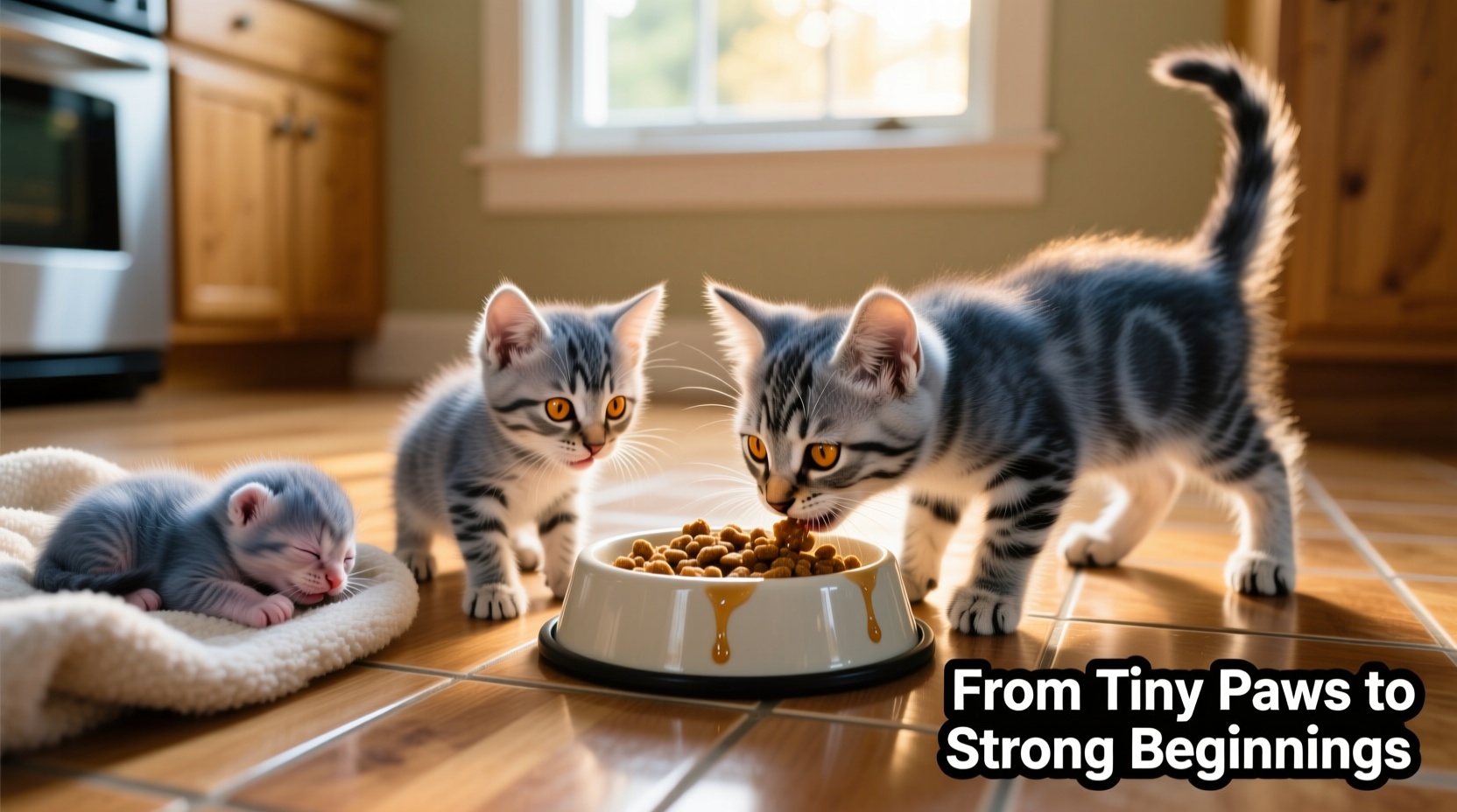 Kitten eating from food bowl during growth stages