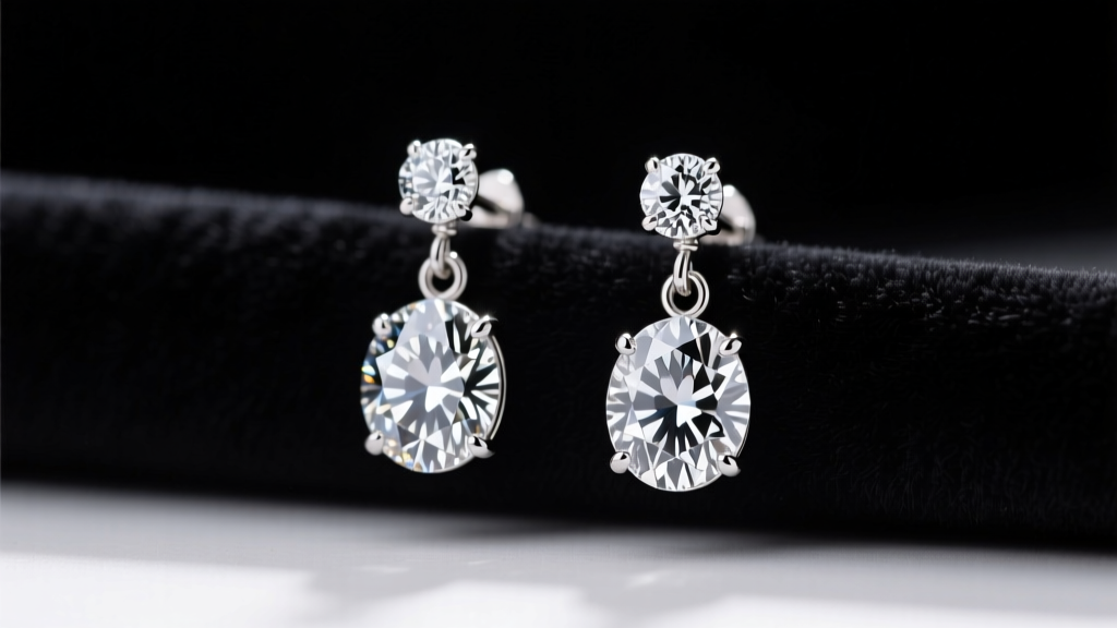 Platinum diamond tennis drop earrings on dark velvet, reflecting soft studio lighting for a luxury gift guide presentation.