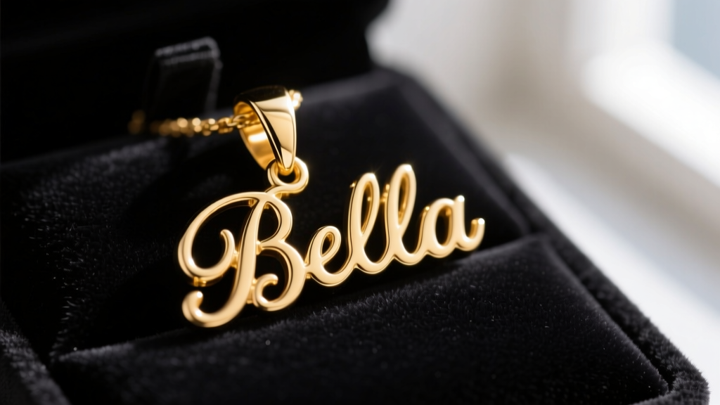 Macro shot of an 18k gold vermeil cursive Bella nameplate pendant with a polished finish resting on dark velvet jewelry display
