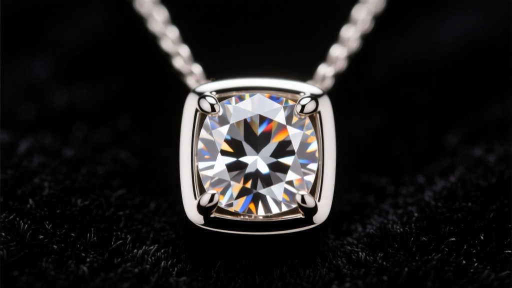 Macro photography of a 2-carat CVD lab-grown diamond pendant in a bezel setting, catching warm light against dark velvet
