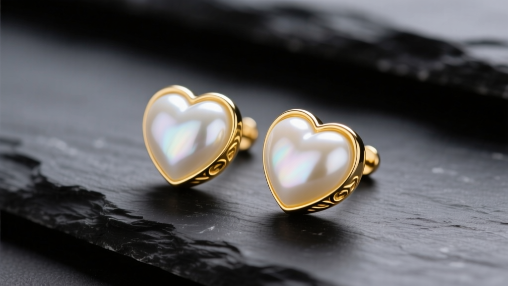 Close-up of carved white freshwater heart shaped pearl earrings in 18k yellow gold resting on dark slate under soft lighting.