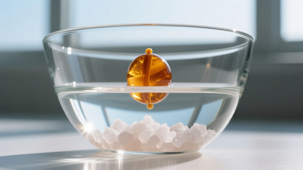 A clear glass bowl of saturated saltwater showing a real butterscotch amber bead floating while a dense plastic fake sinks down.