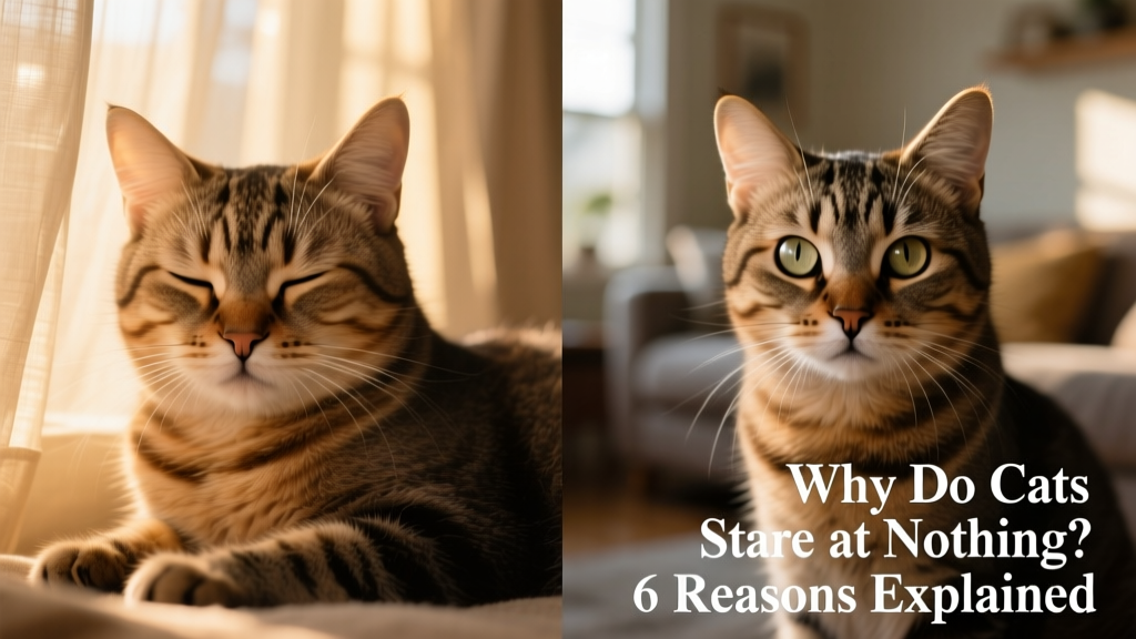 Side-by-side comparison: a relaxed cat blinking slowly vs. a tense cat with wide, unblinking eyes