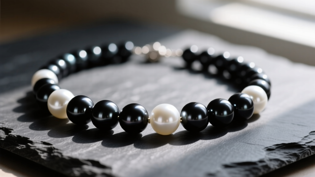 Close-up of a black and white pearl necklace on dark slate, highlighting contrasting luster and round shapes under soft warm light.