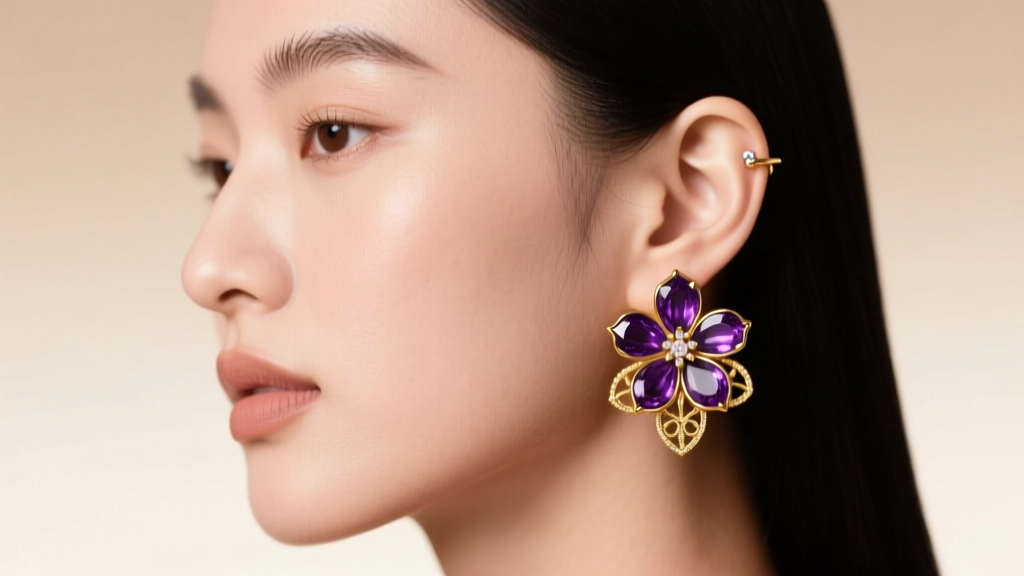 Side profile of woman wearing 18g amethyst flower cartilage earrings showing delicate floral design against soft natural skin tone
