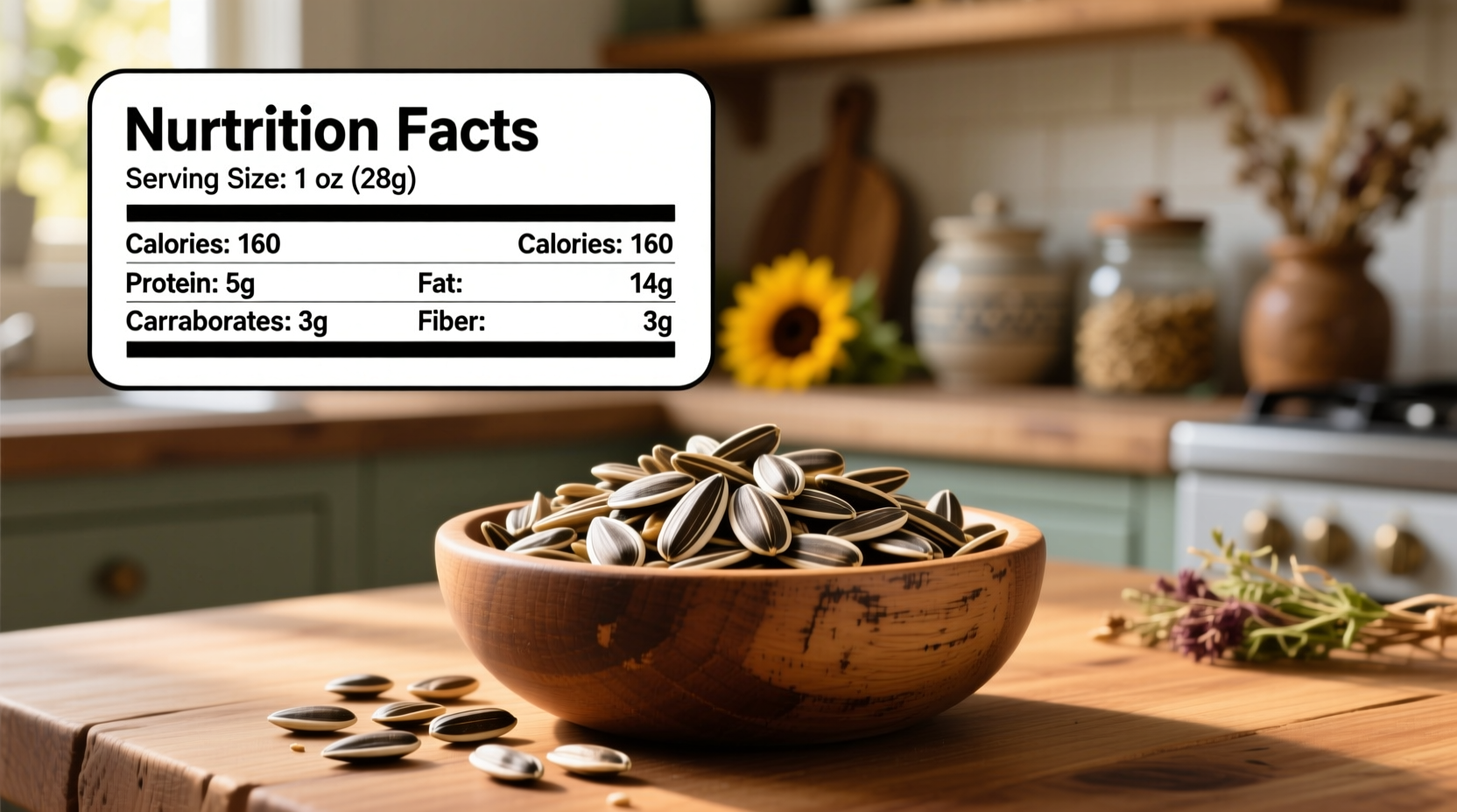 Nutrition facts of sunflower seeds in a wooden bowl
