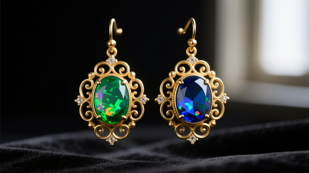 Close-up of Victorian 15k gold antique opal earrings with cabochons showing vibrant green and blue play-of-color on dark velvet.