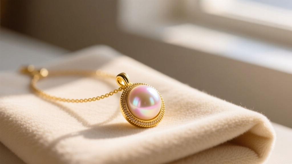 Close-up of an 18k yellow gold pearl pendant necklace resting on a soft beige microfiber cloth in warm, natural morning sunlight.