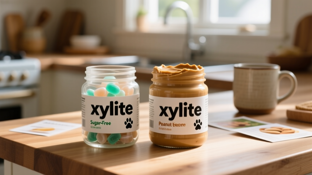 Close-up of sugar-free gum and peanut butter jars labeled with 'xylitol' on a kitchen counter
