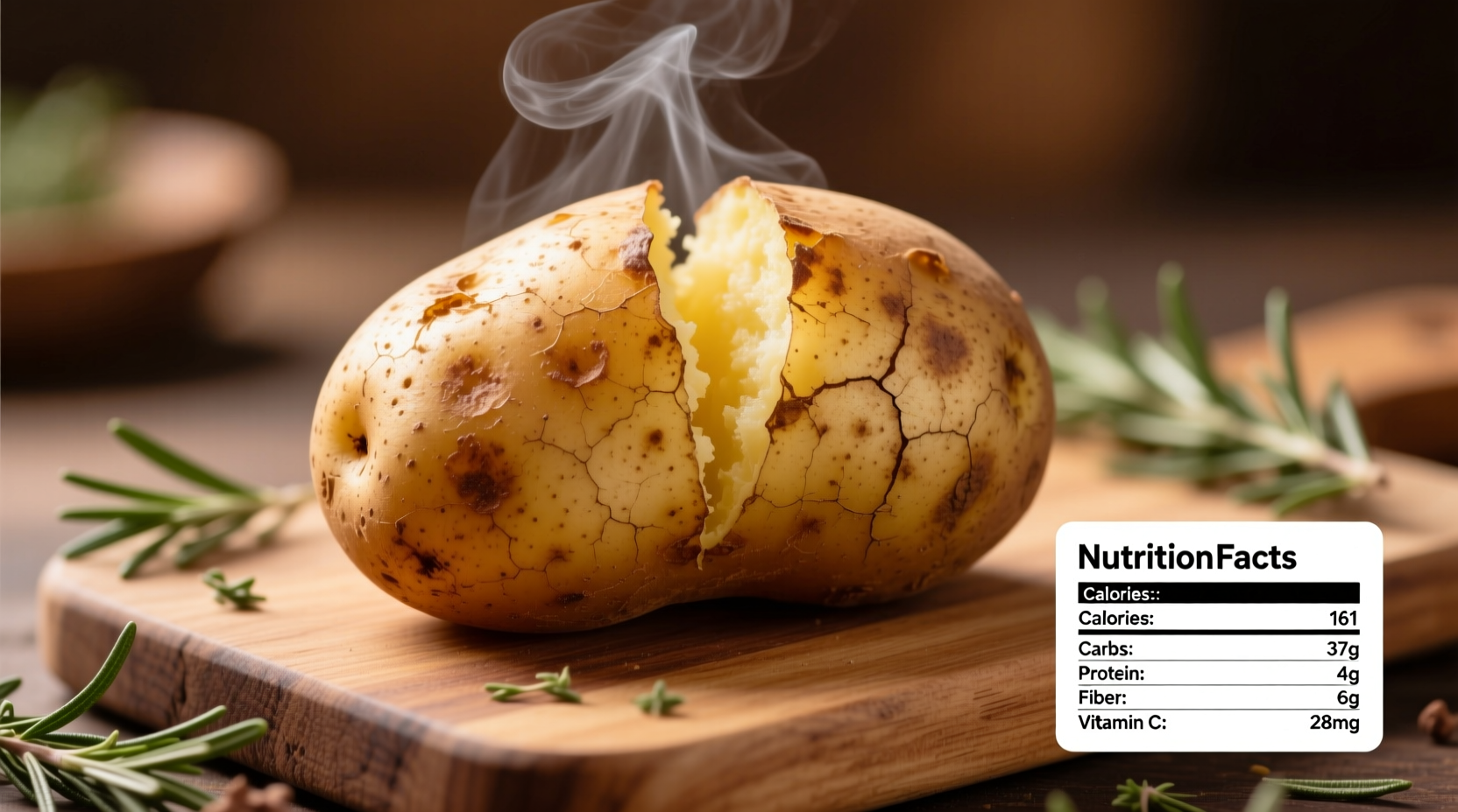 Baked potato with skin showing nutritional facts