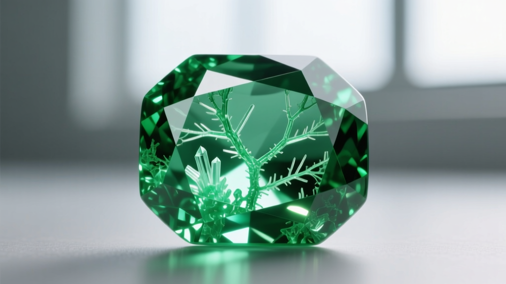 Macro shot of a natural Colombian emerald showing jardin inclusions and minor oil treatment under a bright gemological loupe.