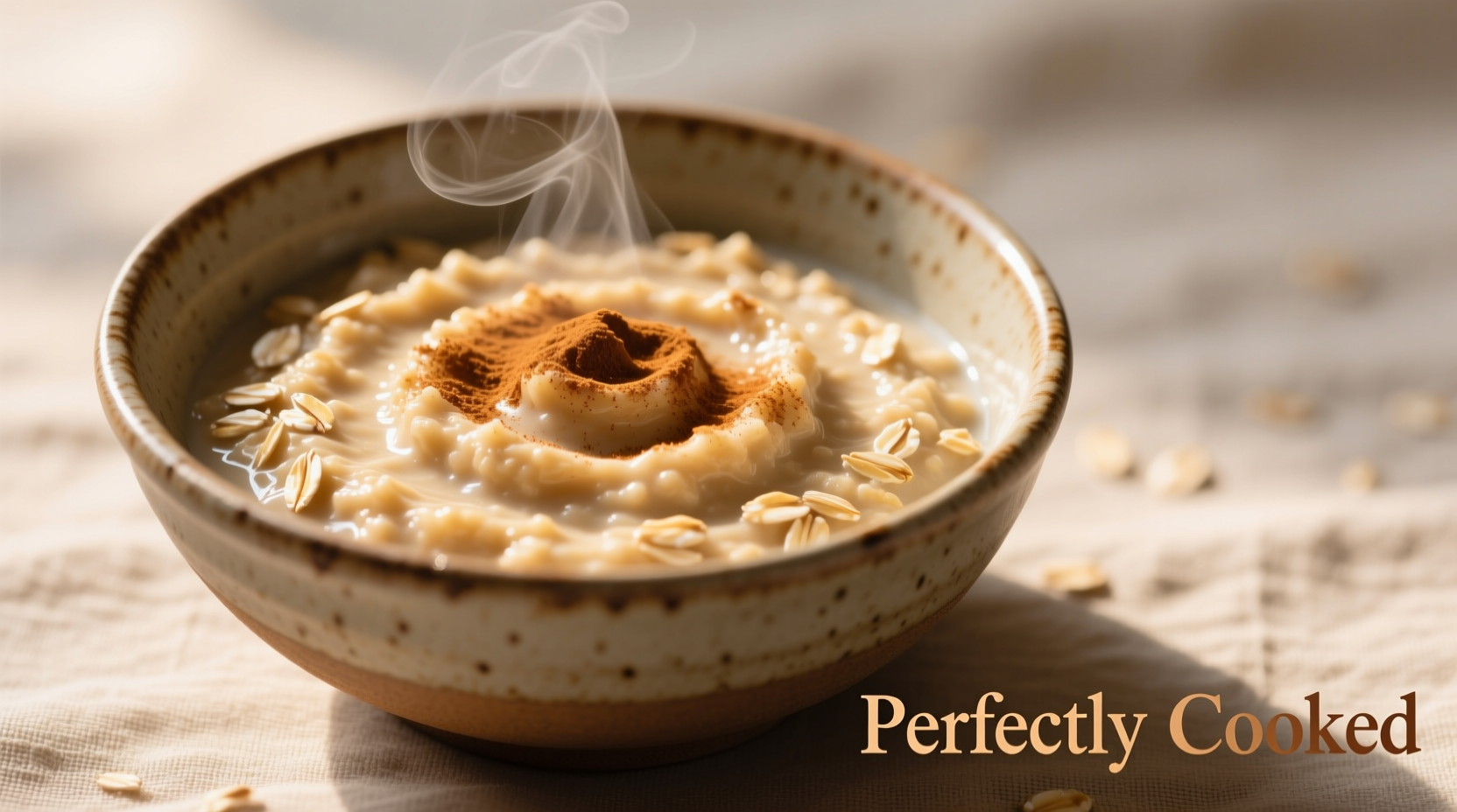 Perfectly cooked microwave oatmeal in ceramic bowl