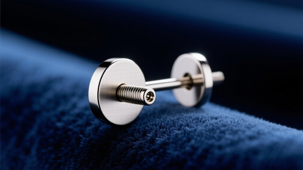 Close-up of a titanium flat back earring with a 6mm post on velvet, showing the threaded end and smooth shaft in soft studio light