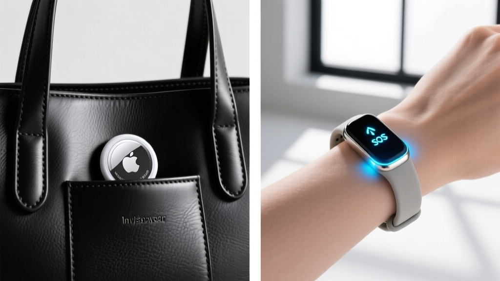 Split-screen comparison showing an Apple AirTag hidden in a bag lining versus an Invisawear smart bracelet displaying a glowing SOS indicator