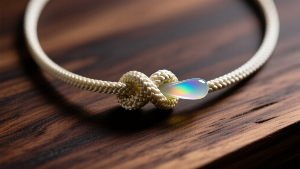 Macro shot of a sealed nylon paracord slip knot for necklace, showing the smooth melted tip, resting on dark walnut wood.