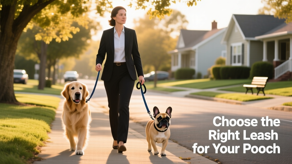 A person walking two calm, medium-sized dogs side by side on a quiet neighborhood street using a standard 6-foot nylon leash