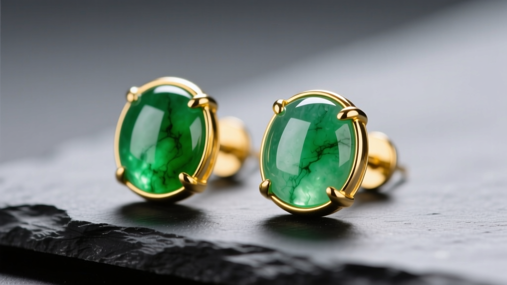 Macro shot of polished Type A jadeite stud earrings in 14k yellow gold bezel settings on dark slate under soft studio lighting