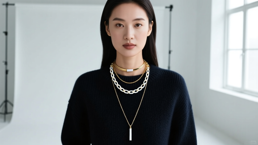 Woman wearing layered necklaces with an 18-inch white gold paperclip chain, a 14-inch choker, and a long pendant on a dark sweater.