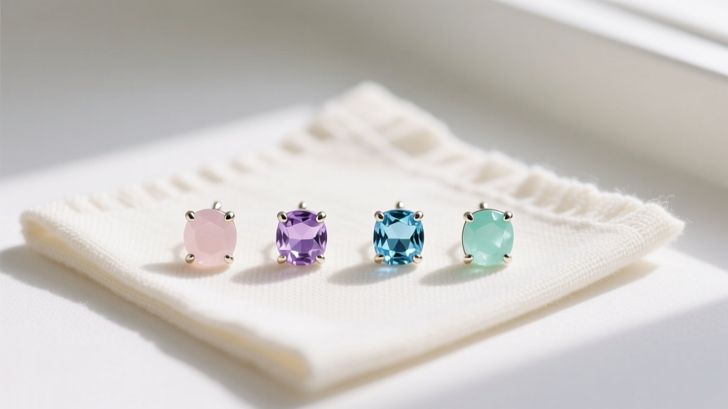 Flat-lay of 3mm and 4mm hypoallergenic infant earrings in pastel birthstone colors arranged neatly on a soft linen cloth.