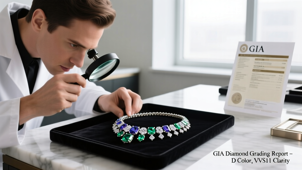 Jeweler using a loupe to inspect facets of a multi gemstone necklace, with a GIA report visible in the soft blurred background.