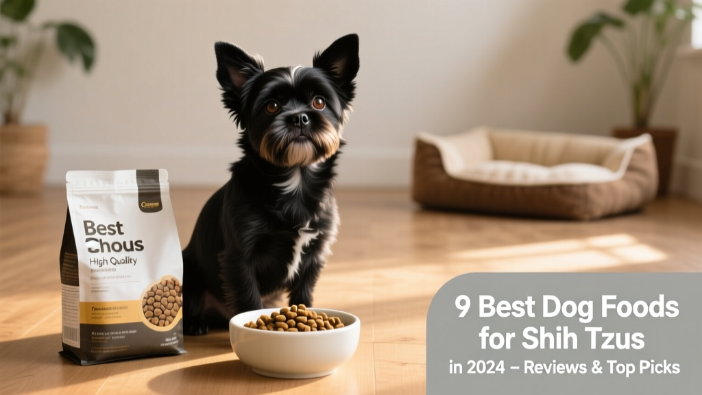 A healthy, alert Shih Tzu sitting beside a bowl of high-quality dry kibble