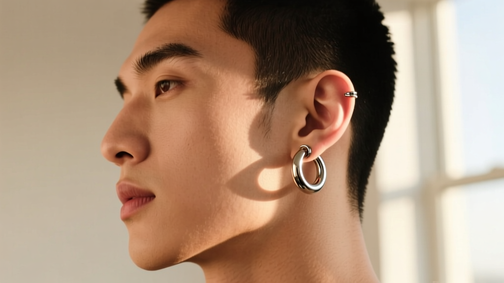 Side profile of a man wearing a 16-gauge surgical steel cartilage hoop, highlighting the highly polished reflective metal surface