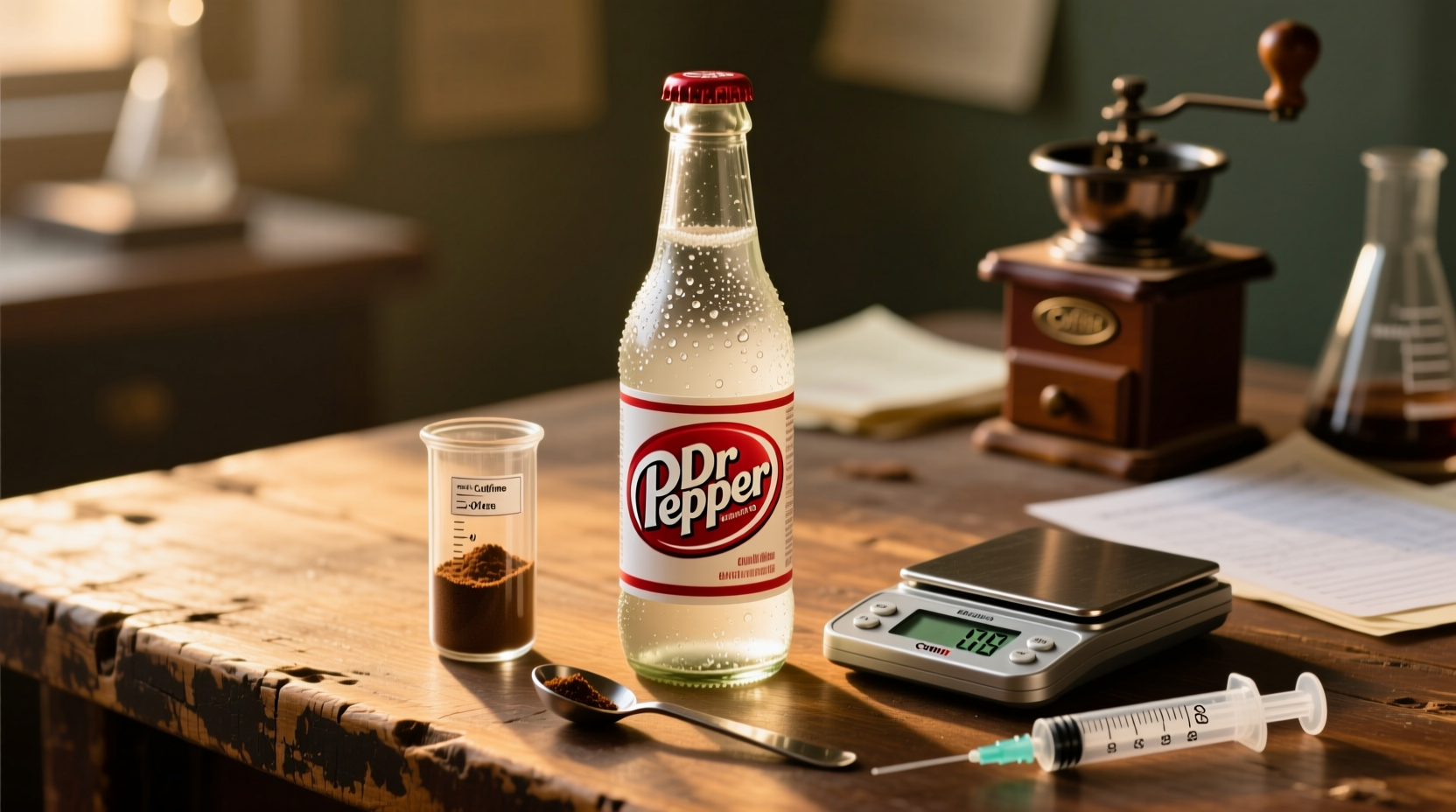 Dr Pepper bottle next to caffeine measurement tools