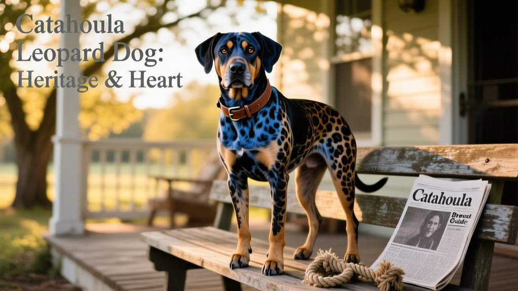 catahoula leopard dog standing on wooden bench