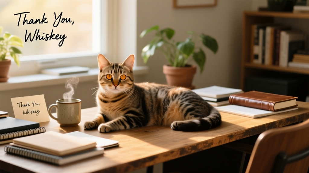 Nathan's rescue cat Whiskey lounging comfortably on a cozy home office desk