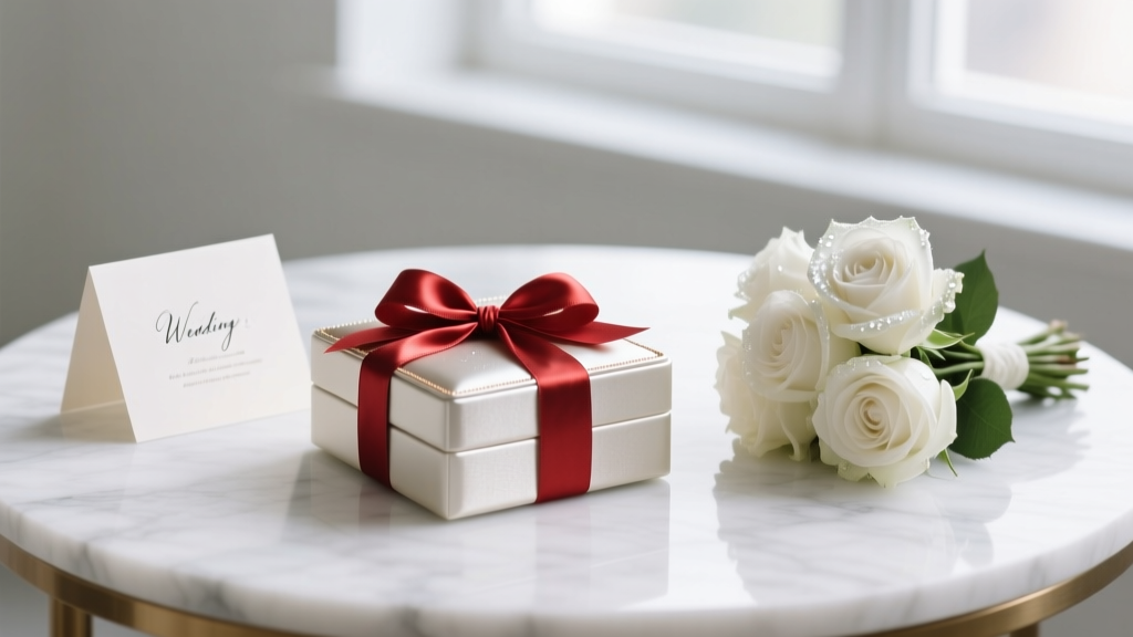 Jewelry box with a satin ribbon placed beside a handwritten wedding card and a small white rose bouquet on a bright marble table.