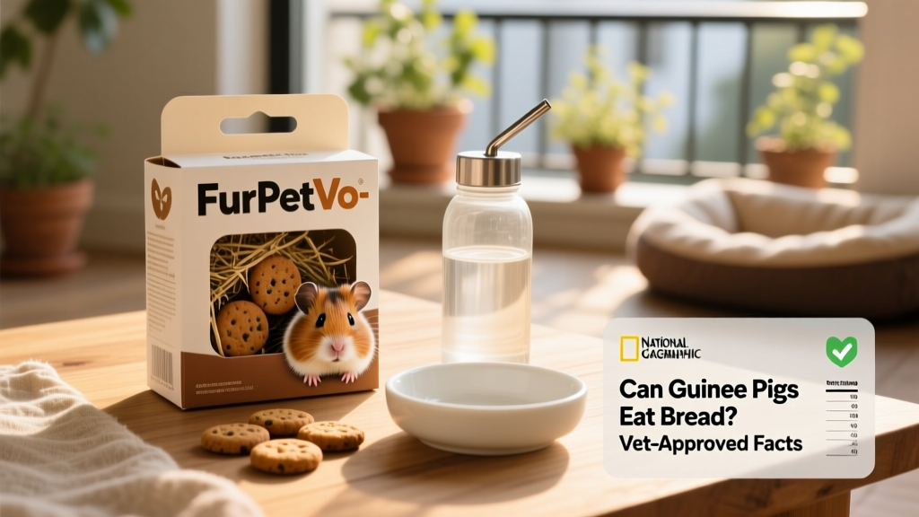 A FurPetVo-branded guinea pig treat box containing small, round, brown hay-and-veggie biscuits beside a clean ceramic dish and water bottle