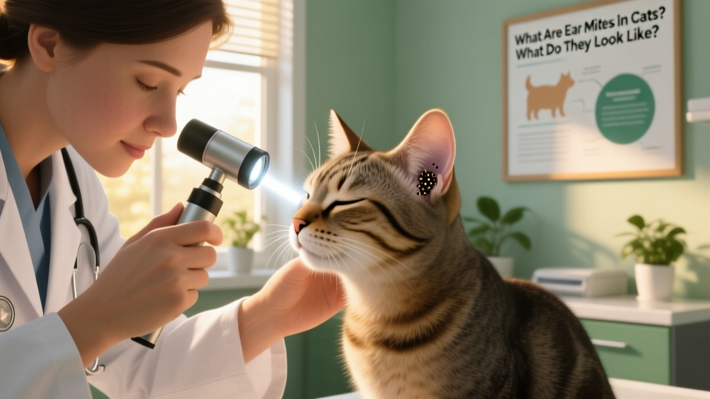 Veterinarian using an otoscope to examine a cat's ear during a routine checkup