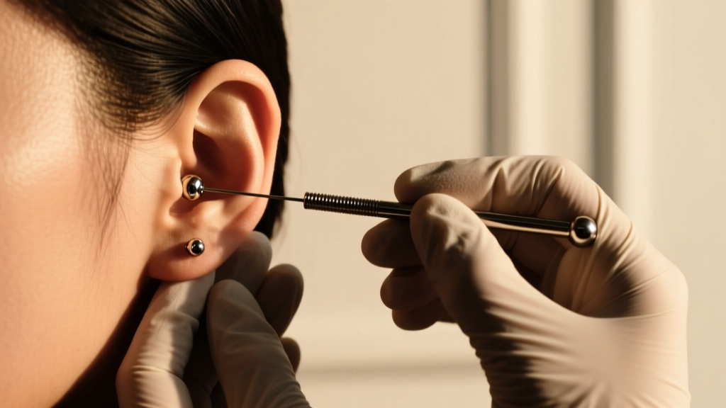 Professional piercer using a sterilized hollow needle to insert a 16-gauge titanium barbell into an earlobe under soft warm light