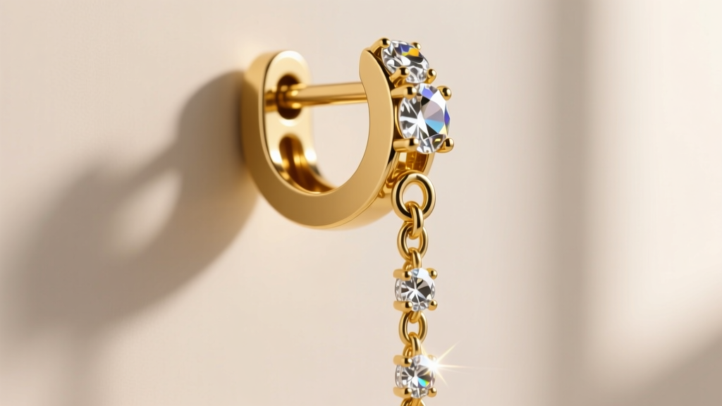 Macro shot of a heavy leverback earring clasp made of 18k gold vermeil, securing a long cascading rhinestone chain drop earring.