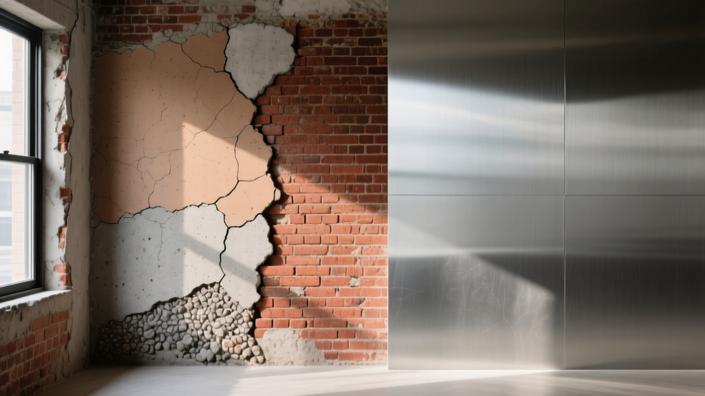 Side-by-side application of cement plaster and smooth micro-concrete overlay on an interior exposed brick masonry wall