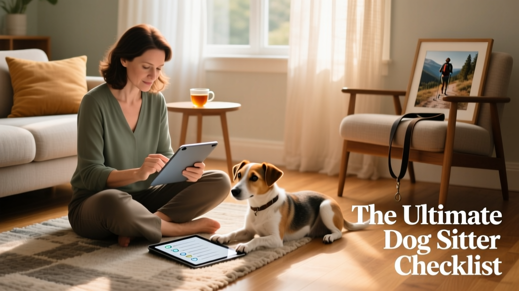 A person reviewing a digital checklist on a tablet while sitting beside a relaxed terrier mix on a sunlit living room floor