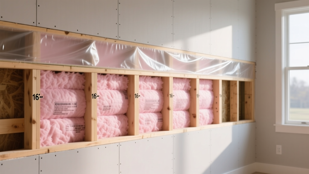 Cross-section of a residential wall showing pink fiberglass batts between wooden studs with a vapor barrier and drywall layer